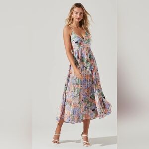 Astr Blythe Floral Pleated Spaghetti-Strap Midi Dress in Lavender, Peach & Green